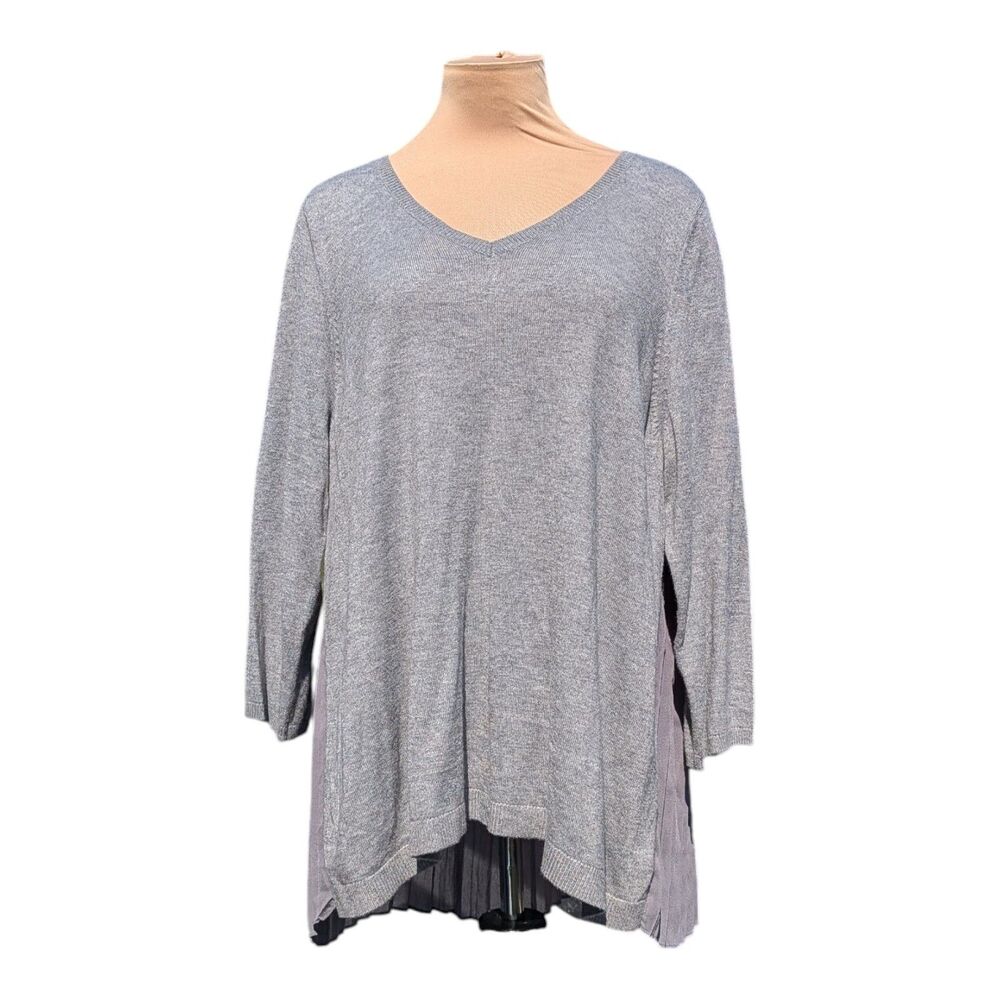 Lane Bryant Womens Sweater 14/16 Gray Pleated Chiffon 3/4 Sleeves Pullover Flowy